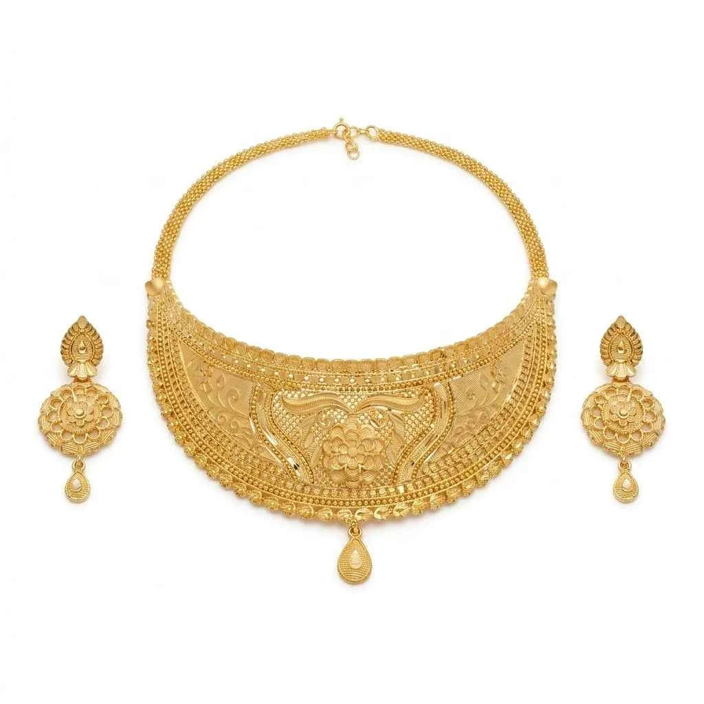 Premium Gold Plated Royal Floral Statement Necklace Set for Women | Luxury Designer Wedding Jewellery - GEHNA OFFICIAL