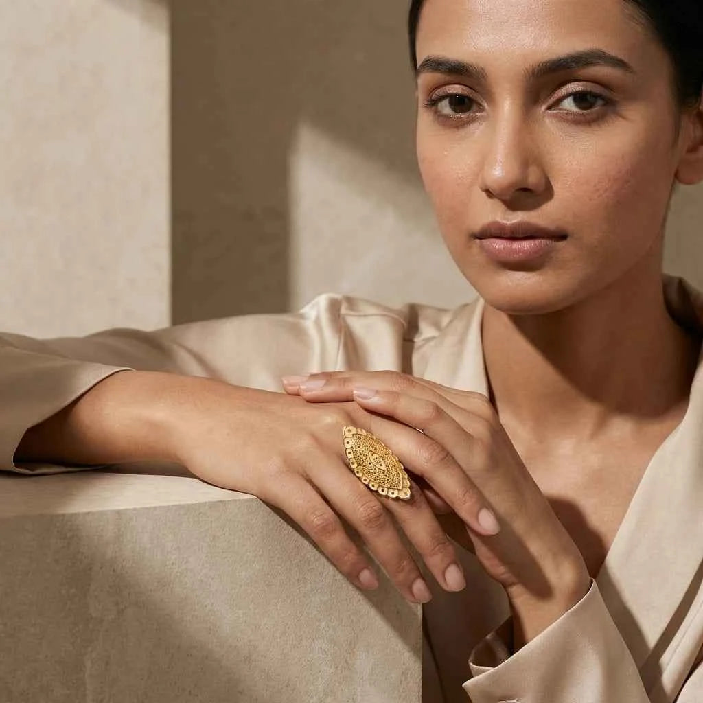 Premium Gold Plated Vintage Filigree Cocktail Ring for Women | Adjustable Designer Statement Ring