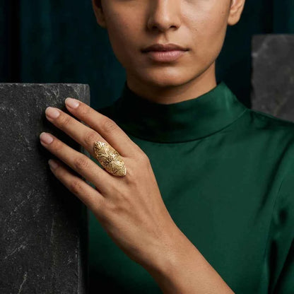 Premium Gold Plated Vintage Floral Statement Ring for Women | Adjustable Designer Cocktail Ring