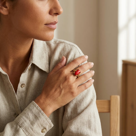Red Stone Gold Plated Ring for Women | Classic Oval Designer Ring