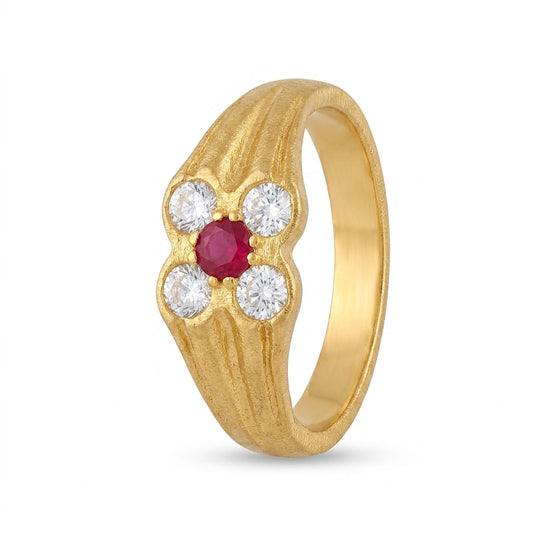 Ruby & American Diamond Gold Plated Floral Ring for Women | Designer Ring