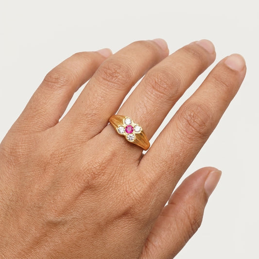 Ruby & American Diamond Gold Plated Floral Ring for Women | Designer Ring