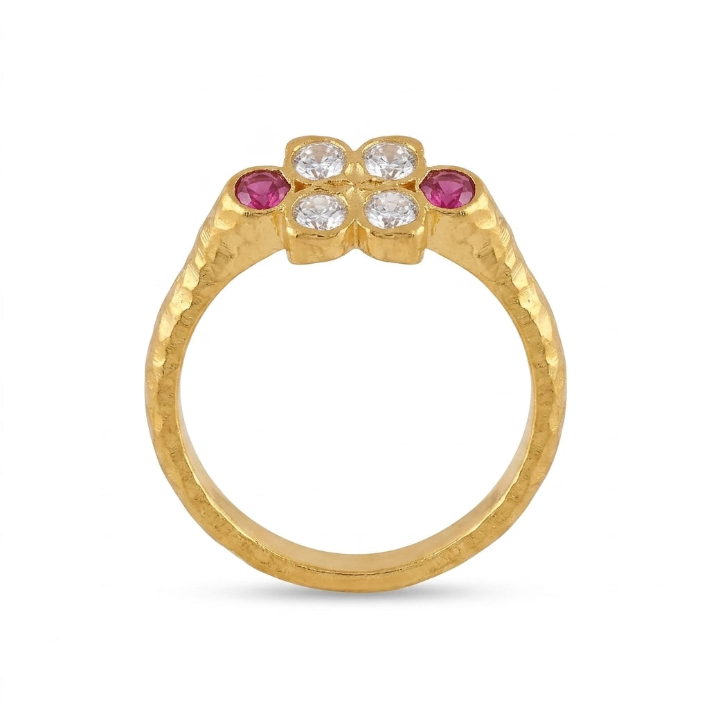 Ruby & American Diamond Gold Plated Floral Ring for Women | Elegant Designer Ring