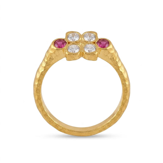 Ruby & American Diamond Gold Plated Floral Ring for Women | Elegant Designer Ring