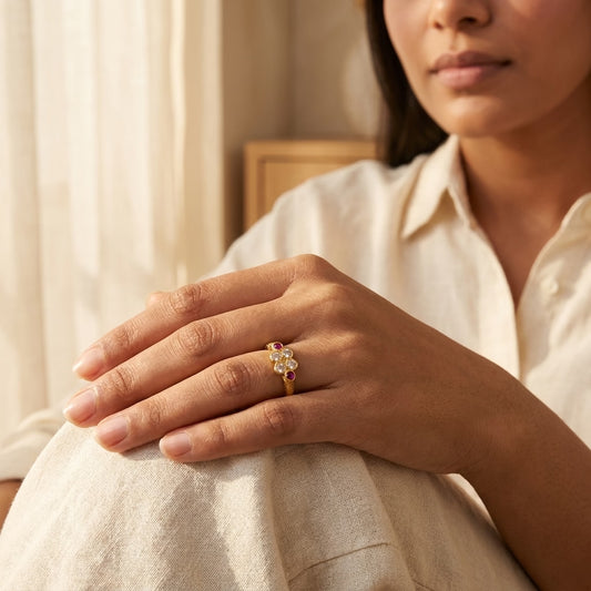 Ruby & American Diamond Gold Plated Floral Ring for Women | Elegant Designer Ring