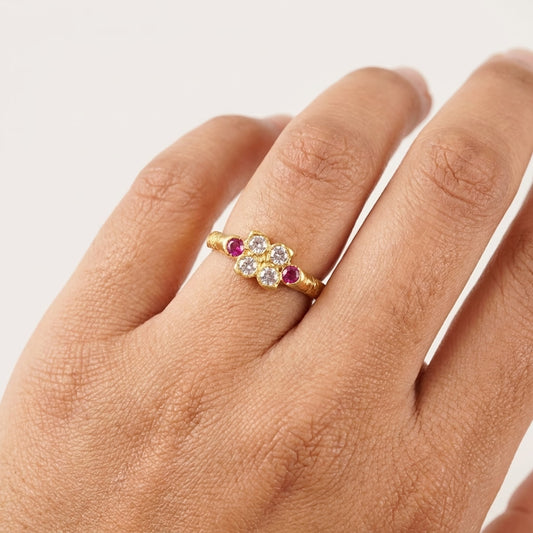 Ruby & American Diamond Gold Plated Floral Ring for Women | Elegant Designer Ring