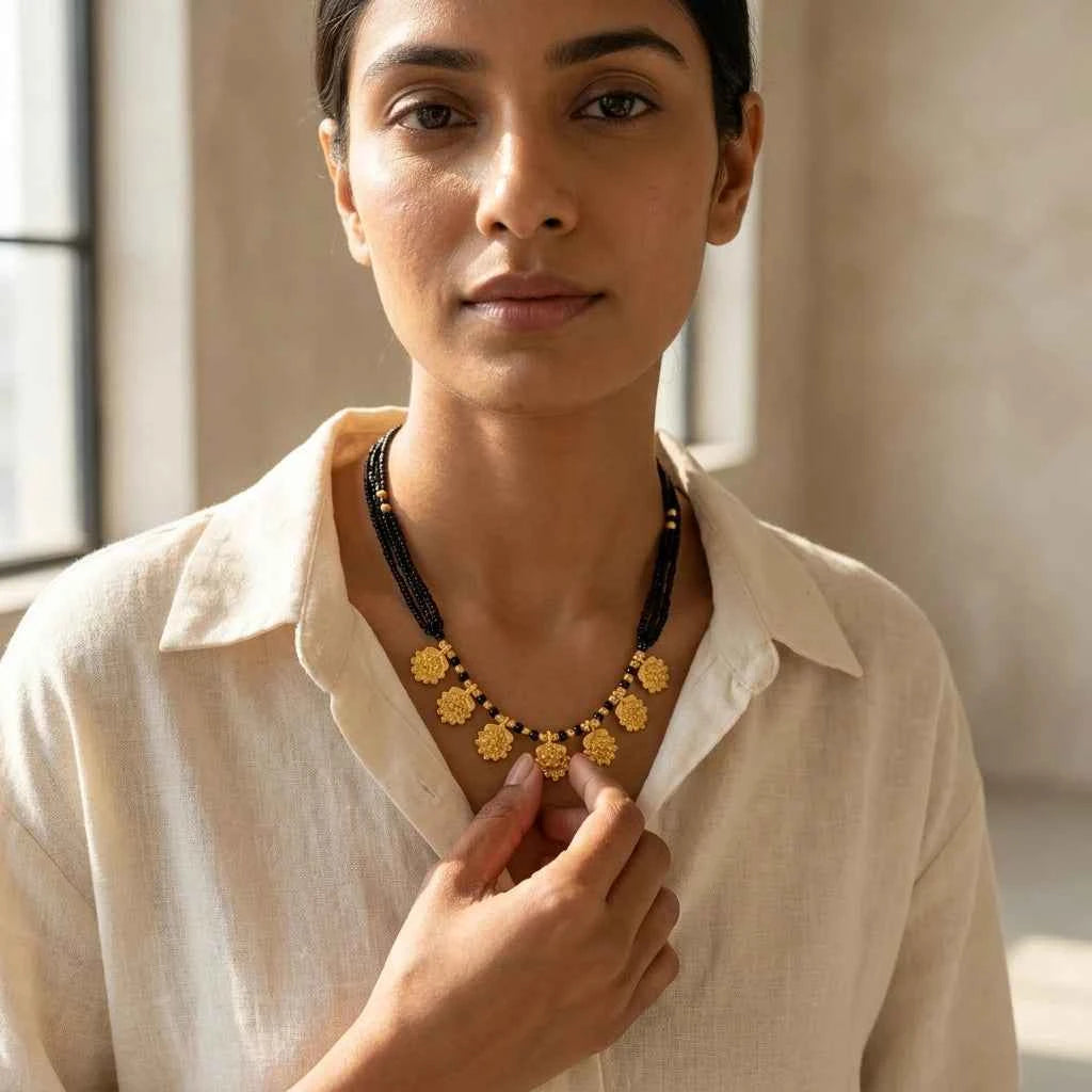 Traditional Gold Plated Floral Short Mangalsutra for Women | Black Bead Designer Mangalsutra Necklace