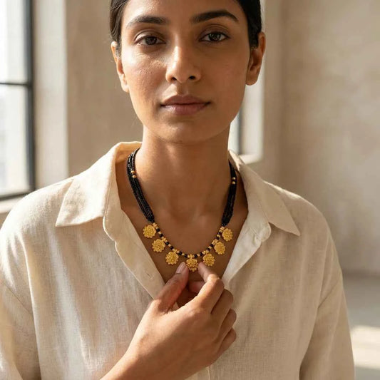 Traditional Gold Plated Floral Short Mangalsutra for Women | Black Bead Designer Mangalsutra Necklace