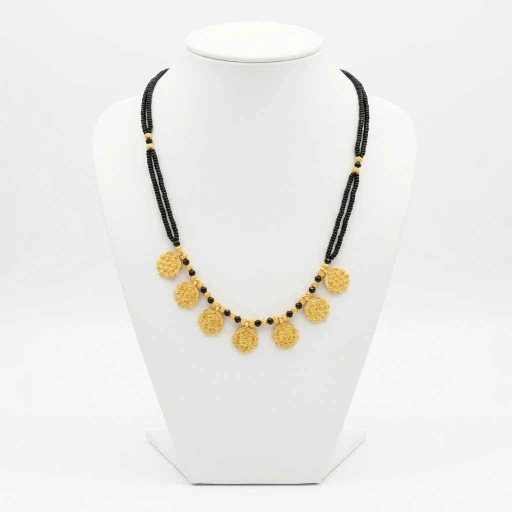 traditional gold plated floral short mangalsutra for women | black bead designer mangalsutra necklace