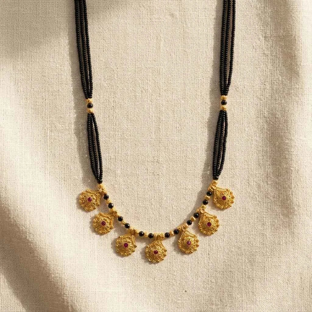 Traditional Gold Plated Floral Short Mangalsutra for Women | Black Bead Designer Mangalsutra Necklace
