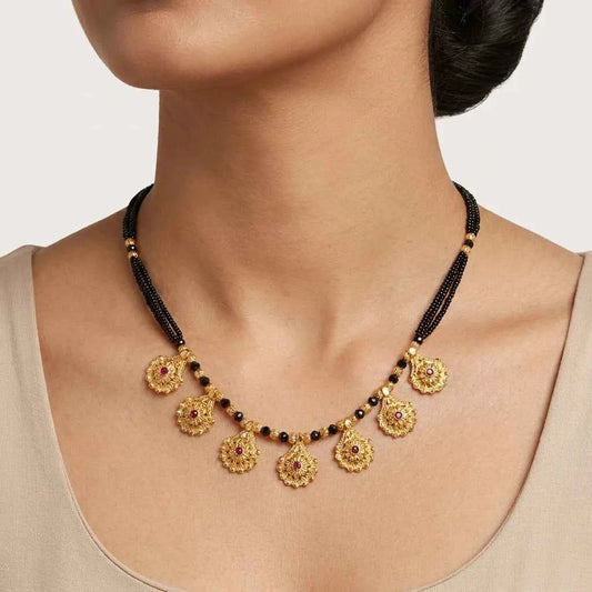 Traditional Gold Plated Floral Short Mangalsutra for Women | Black Bead Designer Mangalsutra Necklace