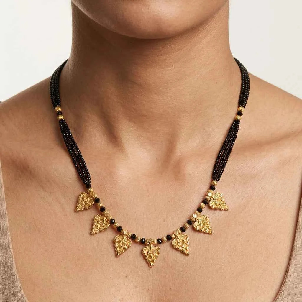 Traditional Gold Plated Leaf Short Mangalsutra for Women | Black Bead Designer Mangalsutra Necklace