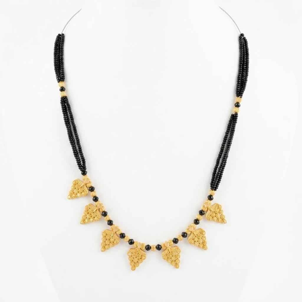 traditional gold plated leaf short mangalsutra for women | black bead designer mangalsutra necklace