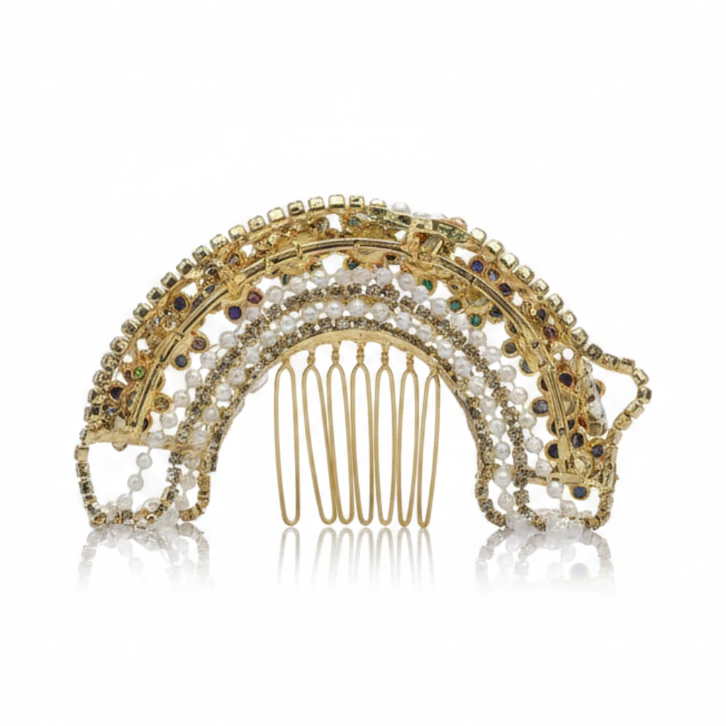 multicolor pearl and stone bridal hair comb with hanging chains
