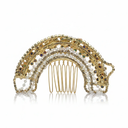 Multicolor Pearl and Stone Bridal Hair Comb with Hanging Chains