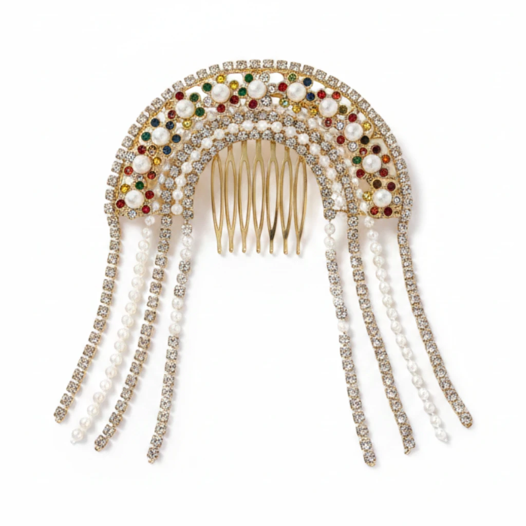 multicolor pearl and stone bridal hair comb with hanging chains