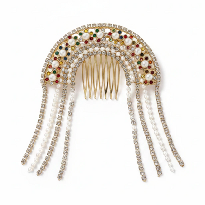 Multicolor Pearl and Stone Bridal Hair Comb with Hanging Chains