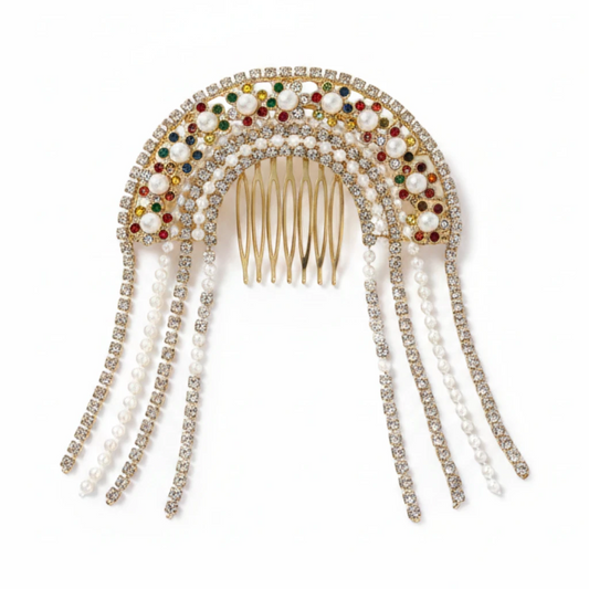 Multicolor Pearl and Stone Bridal Hair Comb with Hanging Chains