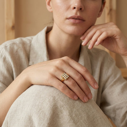 American Diamond Gold Plated Ring for Women | Square Designer CZ Ring