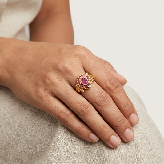Ruby Floral Gold Plated Statement Ring for Women | Premium Designer Ring