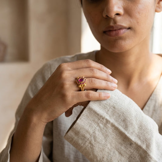 Ruby Floral Gold Plated Statement Ring for Women | Premium Designer Ring