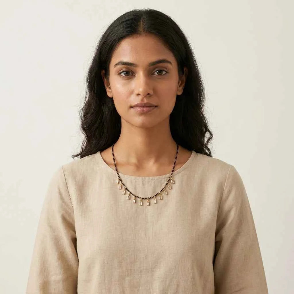 white stone short lacha mangalsutra necklace for women | gold plated black bead cz mangalsutra