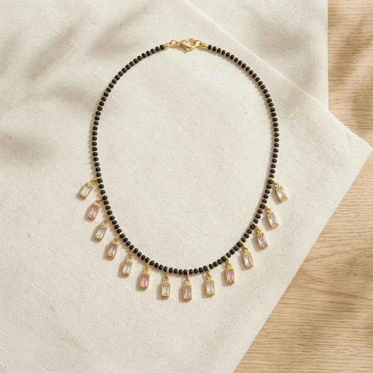 White Stone Short Lacha Mangalsutra Necklace for Women | Gold Plated Black Bead CZ Mangalsutra