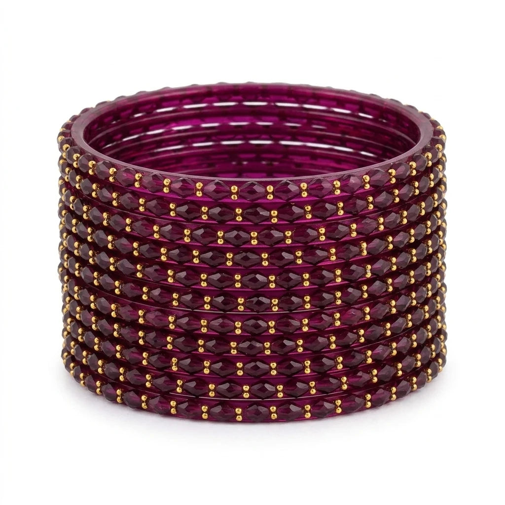 raindrop glass bangles with golden beads, traditional indian glass chudi set