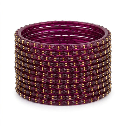 Raindrop Glass Bangles With Golden Beads, Traditional Indian Glass Chudi Set