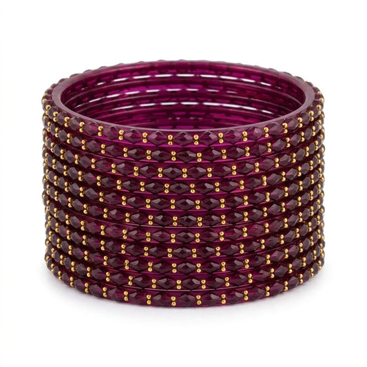 Raindrop Glass Bangles With Golden Beads, Traditional Indian Glass Chudi Set